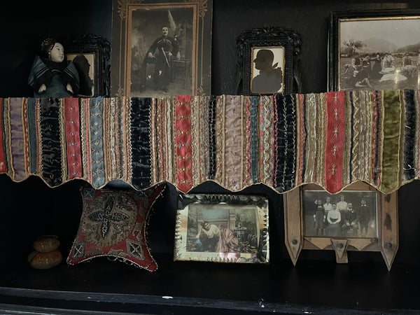 Handmade Victorian Silk Velvet Embroidered Shelf Pelmets x 3: C19th Britain