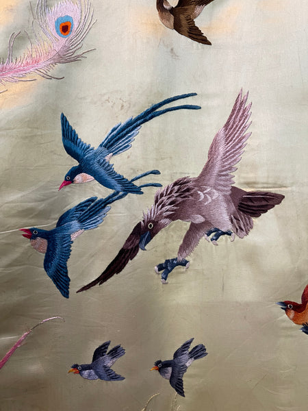 Antique Silk Embroidered Wallhanging with Exotic Birds: C20th China for export
