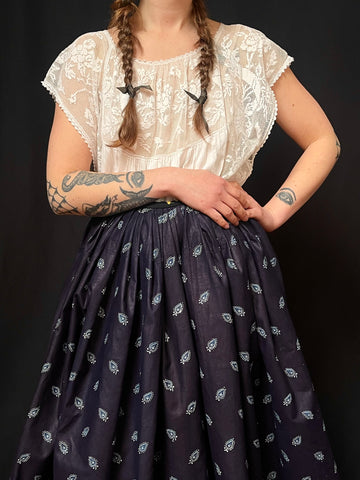 Folk Costume Skirt Indigo Glazed Chintz: C20th Hungary