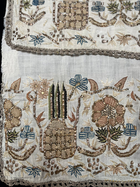 Pair Antique Ottoman Embroideries Silk and Metal Thread With Architectural & Garden Elements: C19th Turkey