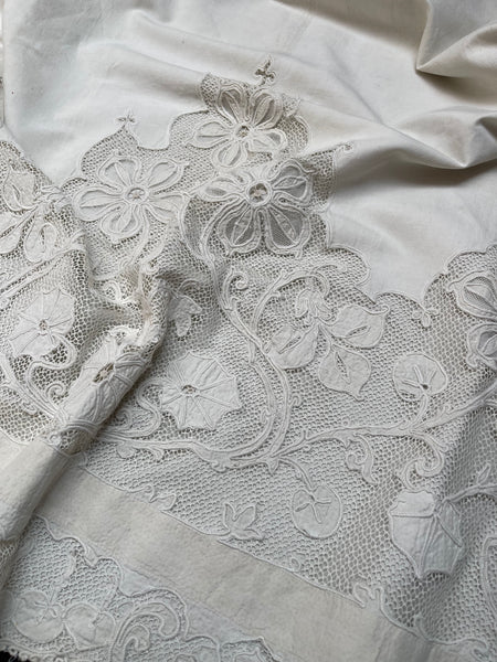 A Pair of Art Nouveau Cutwork and Embroidered Chateau Window Curtain Panels: C1900 France