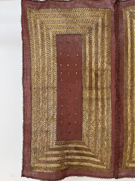 Antique Gold Thread Embroidered Panel Curtain Wallhanging:C20th Indonisia
