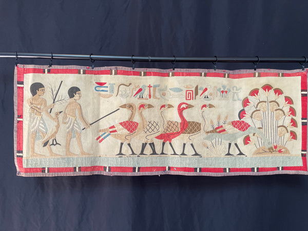 Antique Egyptian Revival Appliqué Wallhanging with Herders, Geese, Hieroglyphics: C1920s Egypt