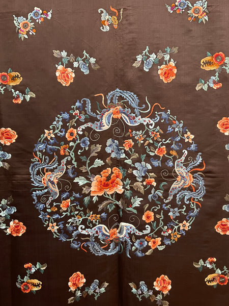 Fine Silk Embroidered Wallhanging with Symbolic Bats, Butterflies, Peonies: C19th China for export