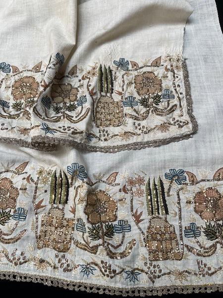 Pair Antique Ottoman Embroideries Silk and Metal Thread With Architectural & Garden Elements: C19th Turkey