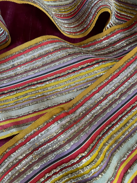 Antique Woven Silk Striped Sash Band with Silver Embroidery: C19th Morocco