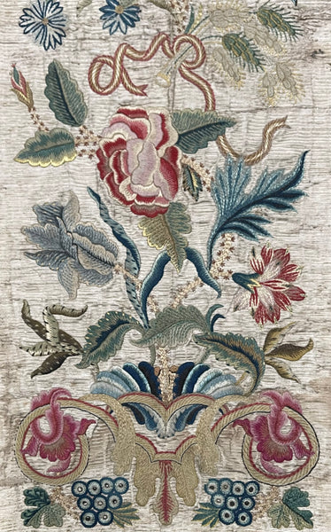 Antique Fine Silk and Wool Embroidered panel with Bouquet of Flowers: C1700 England