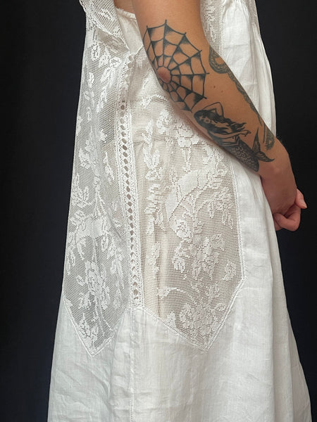 Fine Antique Filet Lace Embroidered Smocked Dress: C19th France
