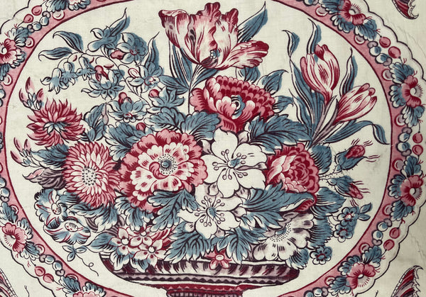 Antique Chintz Panel with Bowl Flowers & Butterflies: C19th France