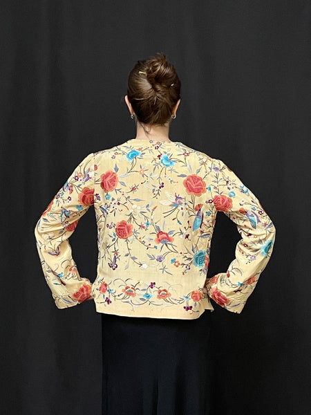 Antique Silk Embroidered Pale Yellow Floral Jacket : C1930 Canton China for export to Europe