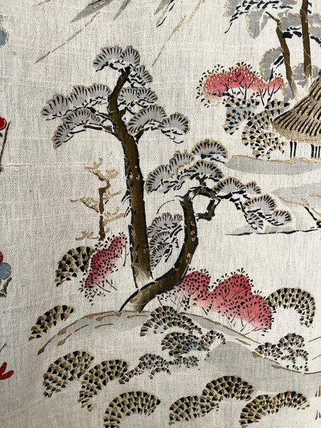 Traditional Block Printed Hand Painted Wallhanging with Mount Fuji: C1930 Japan