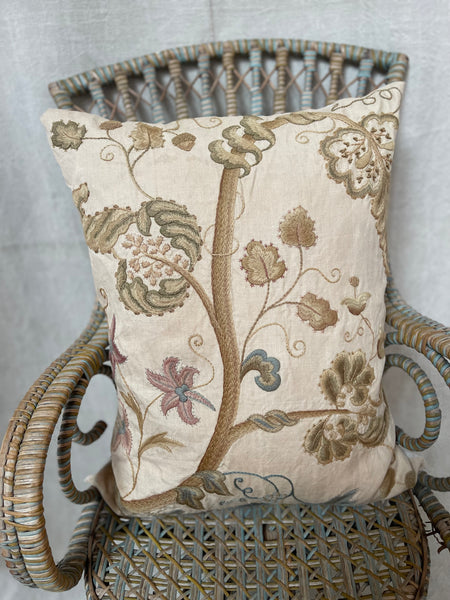 Antique Crewelwork Embroidered Jacobean Revival Tree of Life Cushion Pillow: C1900 Britain