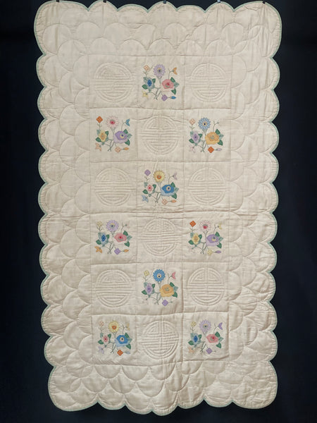 Pretty Handmade Silk Quilt with Appliquéd Floral Motifs: C1930 China for Export to Europe