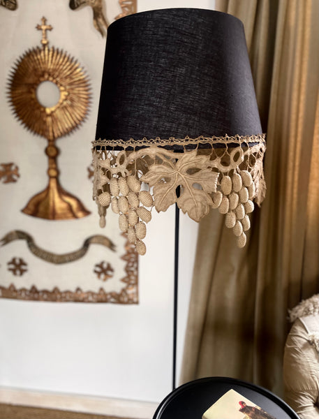 Large Size Lampshade with Antique Richelieu Embroidered Border with Art Deco Stumpwork Grapes: C1920s France