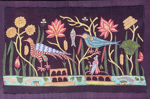 Antique Silk Embroidery with Houseboats, Birds and Florals: Late 19th, Srinagar, Kashmir, India