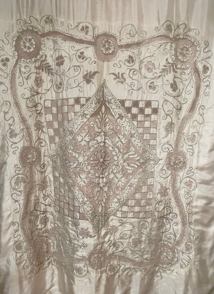 Ottoman Antique Silk Cutwork & Silver Thread Embroidered Bedcover: C1910 Turkey