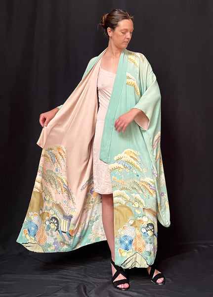 Hand Painted & Stencilled Reversible Silk Kimono Peppermint Green & Powder Pink: C1930 Japan