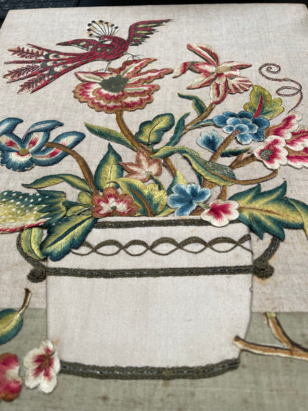 Charming Appliquéd Still Life with Early 18th Century Silk Embroidered Flowers, Bird and Fruit: C1910 English