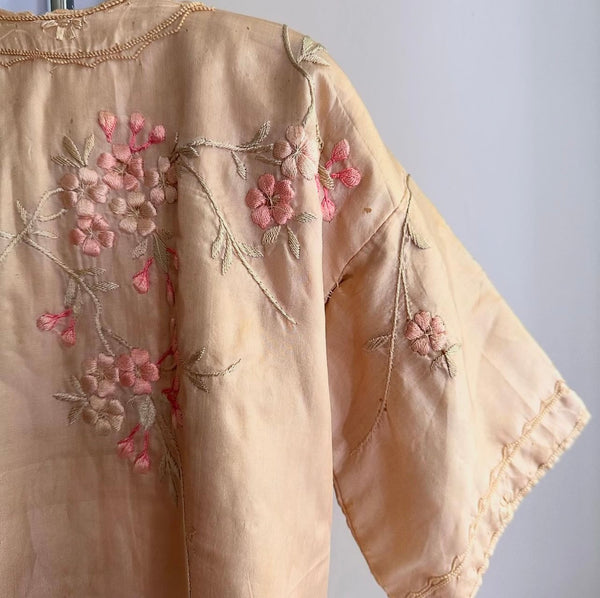 Antique Childs Traditional Silk Kimono With Cherry Blossom Embroidery: C1910/20 Japan