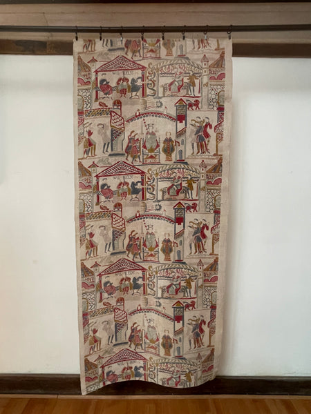 Antique Printed Linen Wallhanging Inspired by Bayeux Tapestry: C1920s Britain