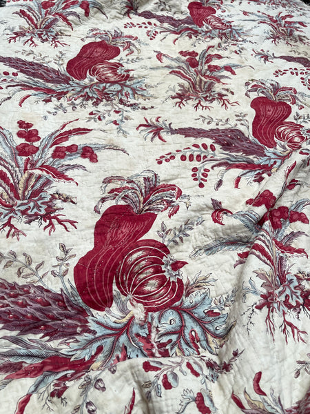 Rare Antique Indiennes Block Print Quilted Panel with Exotic Fruit and Foliage: C18th France
