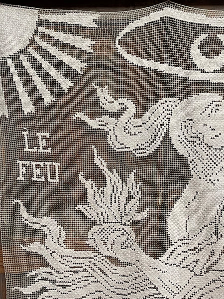 Art Nouveau Hand Embroidered Filet Lace Hangings Elements L’Air Le Feu: C1912, France