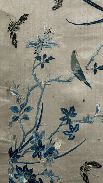 Fine Chinese Silk Embroidered Panel with Birds, Butterflies and Florals: C19th China