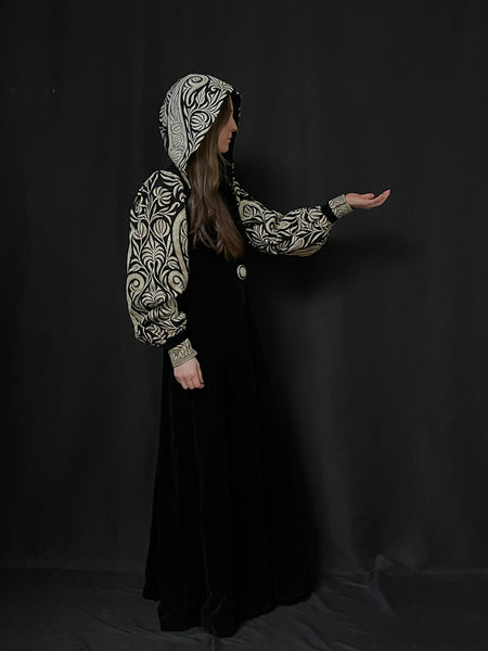 Antique Art Nouveau Velvet Coat with Embroidered Sleeves and Hood: C1900 British