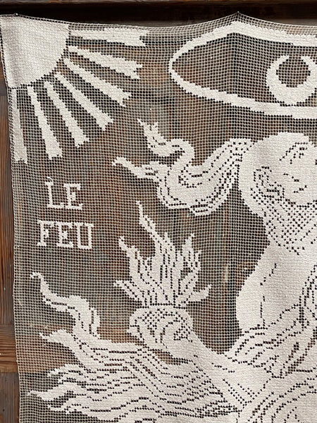Art Nouveau Hand Embroidered Filet Lace Hangings Elements L’Air Le Feu: C1912, France