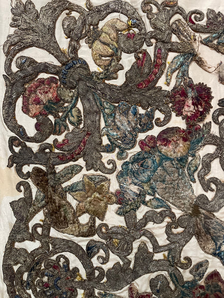 Antique Early Silk and Metal Thread Embroidered Appliqué Panel: C17th Britain
