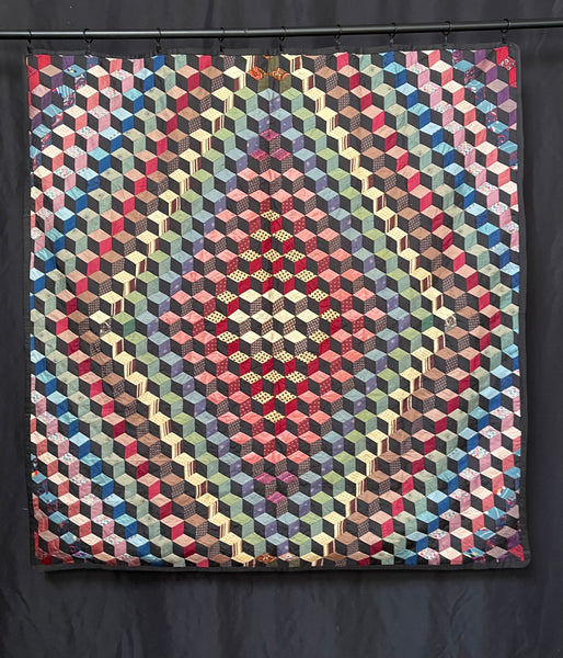 Antique Handmade Tumbling Blocks Silk Patchwork Quilt made with Cravat & Scarf Silks: C1910/20 Britain