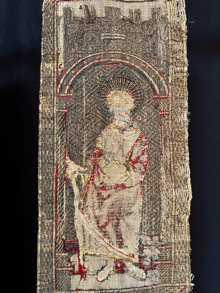 Rare Tudor Orphrey Silk and Metal Thread Embroidered Panels with Iconography Saints: C16th England
