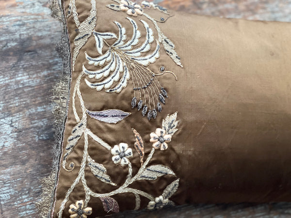 Antique Bespoke Silk Embroidered Cushion with Zardozi Embroidery Small Size: C19th India