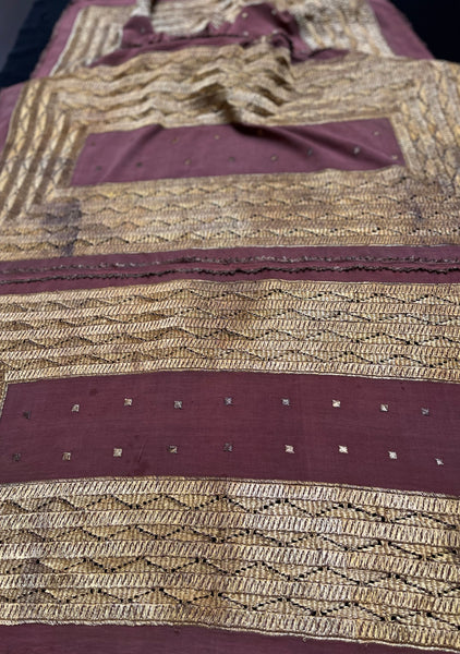 Antique Gold Thread Embroidered Panel Curtain Wallhanging:C20th Indonisia