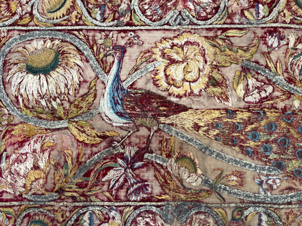 Early Silk and Metal Thread Embroidered Velvet Panel with Peacock and Flowers: C17th Italy or Spain