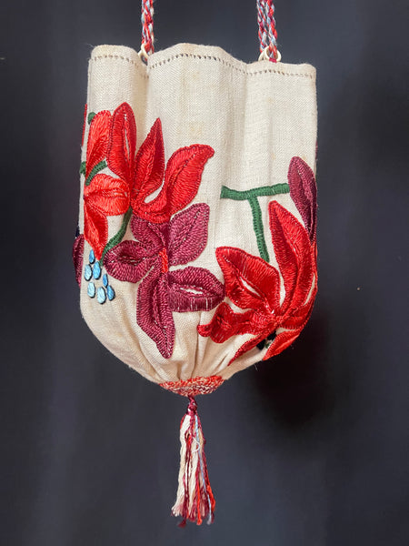 Hand Embroidered Floral Drawstring Bag with Tassels: C1930s Britain