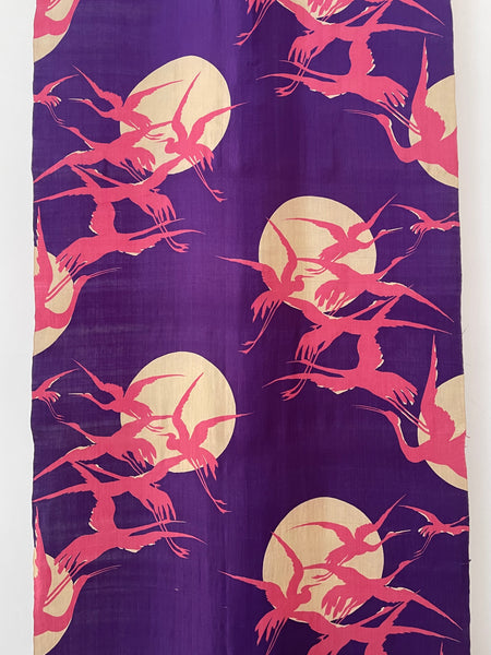 Art Deco era Printed Silk with Cranes Flying across Moon: C1920 Japan