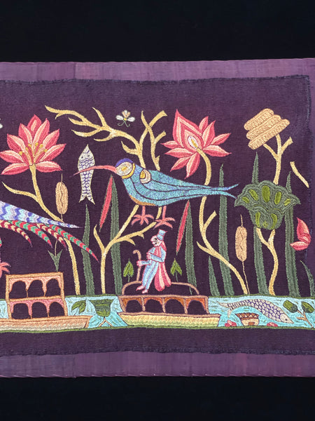 Antique Silk Embroidery with Houseboats, Birds and Florals: Late 19th, Srinagar, Kashmir, India