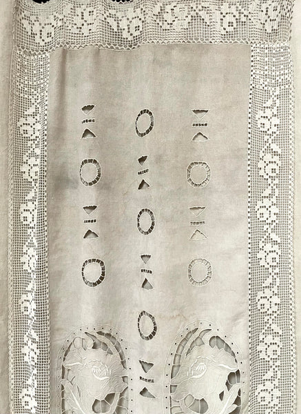 Antique Cutwork Embroidered Richelieu Lace Wallhanging Curtain Panel: C1900 - 1910 France