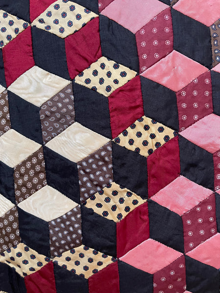Antique Handmade Tumbling Blocks Silk Patchwork Quilt made with Cravat & Scarf Silks: C1910/20 Britain