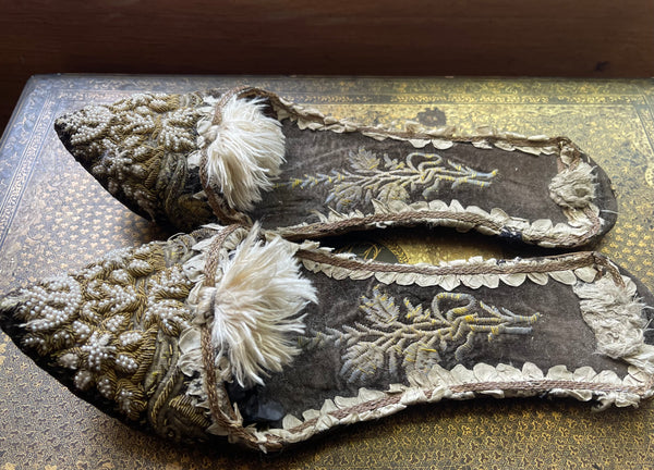 Antique Ottoman Slippers with Gold Gilt Embroidery & Seed Pearls: C19th Turkey