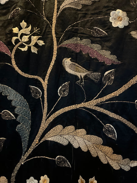 Antique Hand Embroidered Tree of Life Silk Wallhanging with Birds & Flowers: C19th Anglo Indian