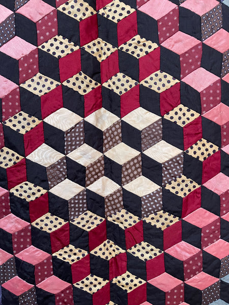 Antique Handmade Tumbling Blocks Silk Patchwork Quilt made with Cravat & Scarf Silks: C1910/20 Britain