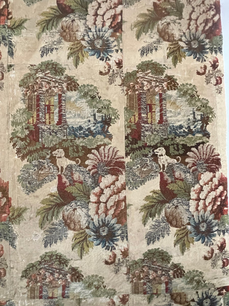 Antique Huguenot Silk Brocade with Architectural Elements and Dogs: C18th Spitalfields, London