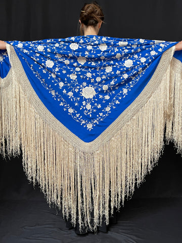 Antique Cobalt Blue Silk Hand Embroidered Shawl: C1920 Canton, China for export to Europe