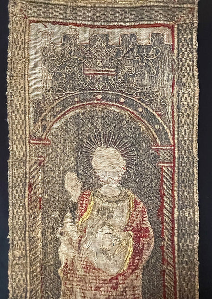 Rare Tudor Orphrey Silk and Metal Thread Embroidered Panels with Iconography Saints: C16th England
