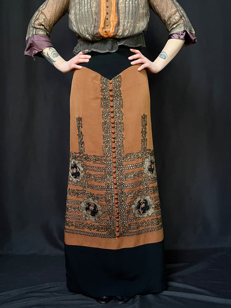 Edwardian Style Walking Skirt with Metal and Silk Thread Embroidery: C1970 made with 1920s embroidered Ottoman silk