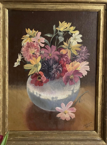 Still life Painting with Vase of Flowers: C1950 British