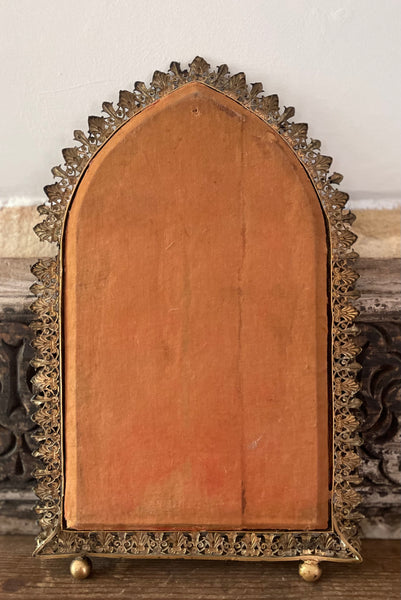 Antique Orphery Embroidery with Mary Queen of Heaven in Gothic Frame: Late C18th / 19th Century England