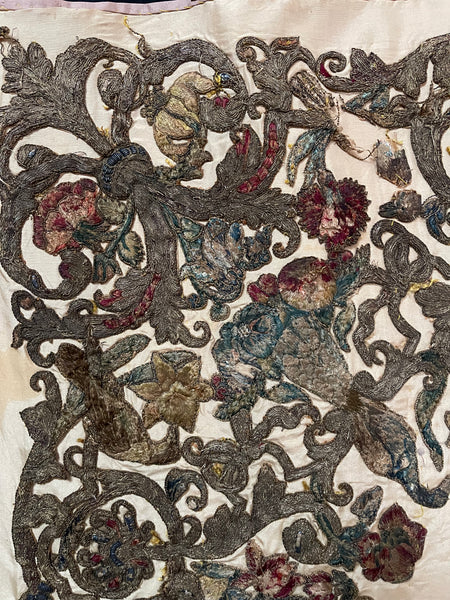 Antique Early Silk and Metal Thread Embroidered Appliqué Panel: C17th Britain